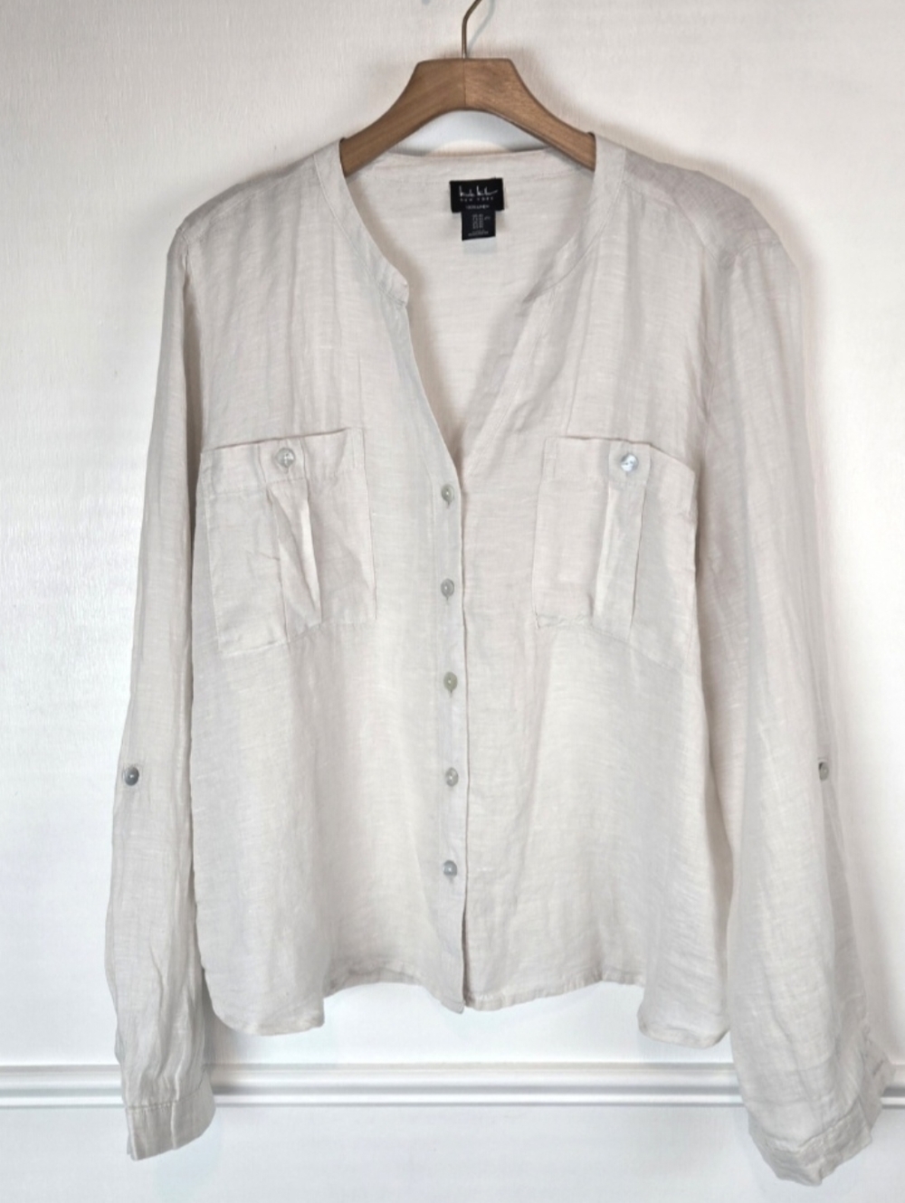 Nicole Miller 100% Linen Shirt Oatmeal Button Down Long Sleeve 3/4 XL Essential